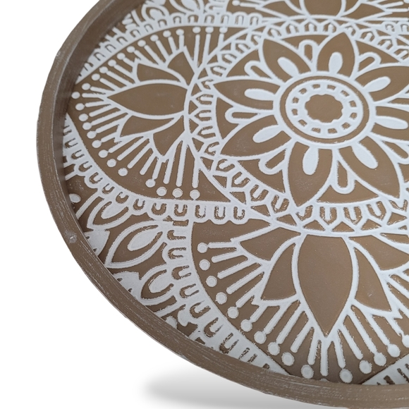 Hanobe Round Wood Decorative Coffee Table Tray Rustic Boho Washed Centerpiece - Picture 5 of 10